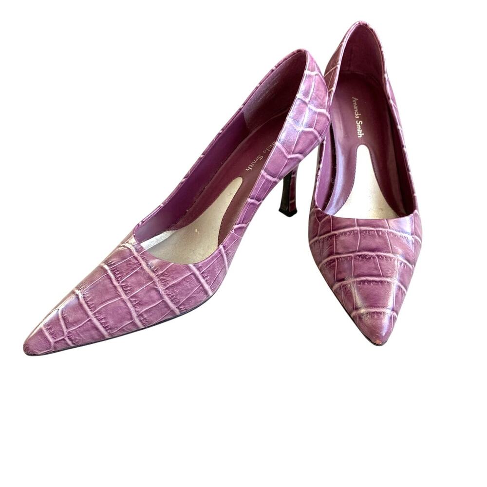 Amanda Smith purple leather stiletto pumps US 7.5M shoes moc croc pointy toes